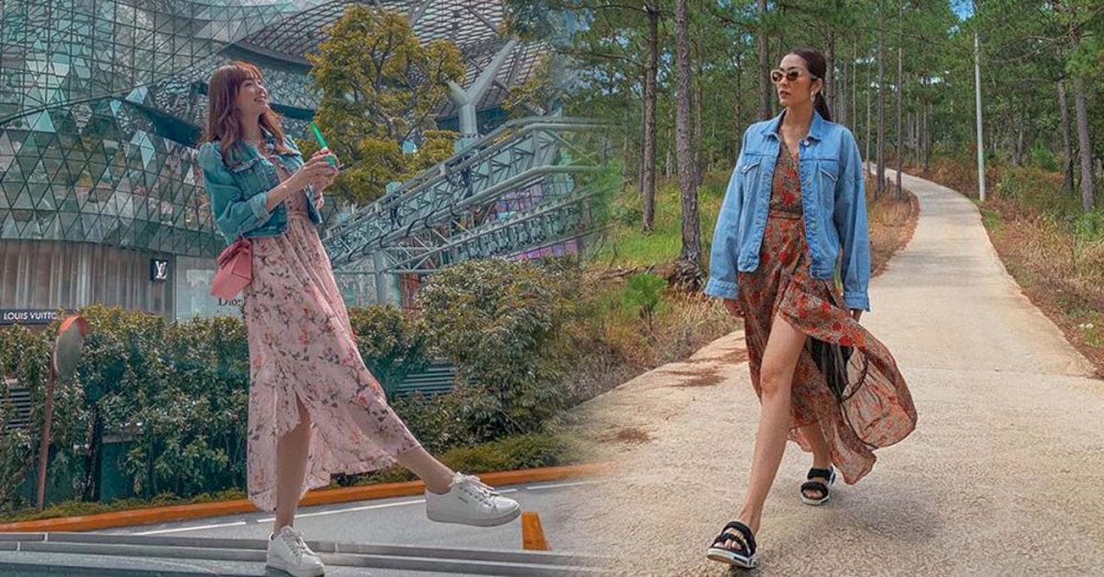 Váy dài kết hợp với áo khoác jean 